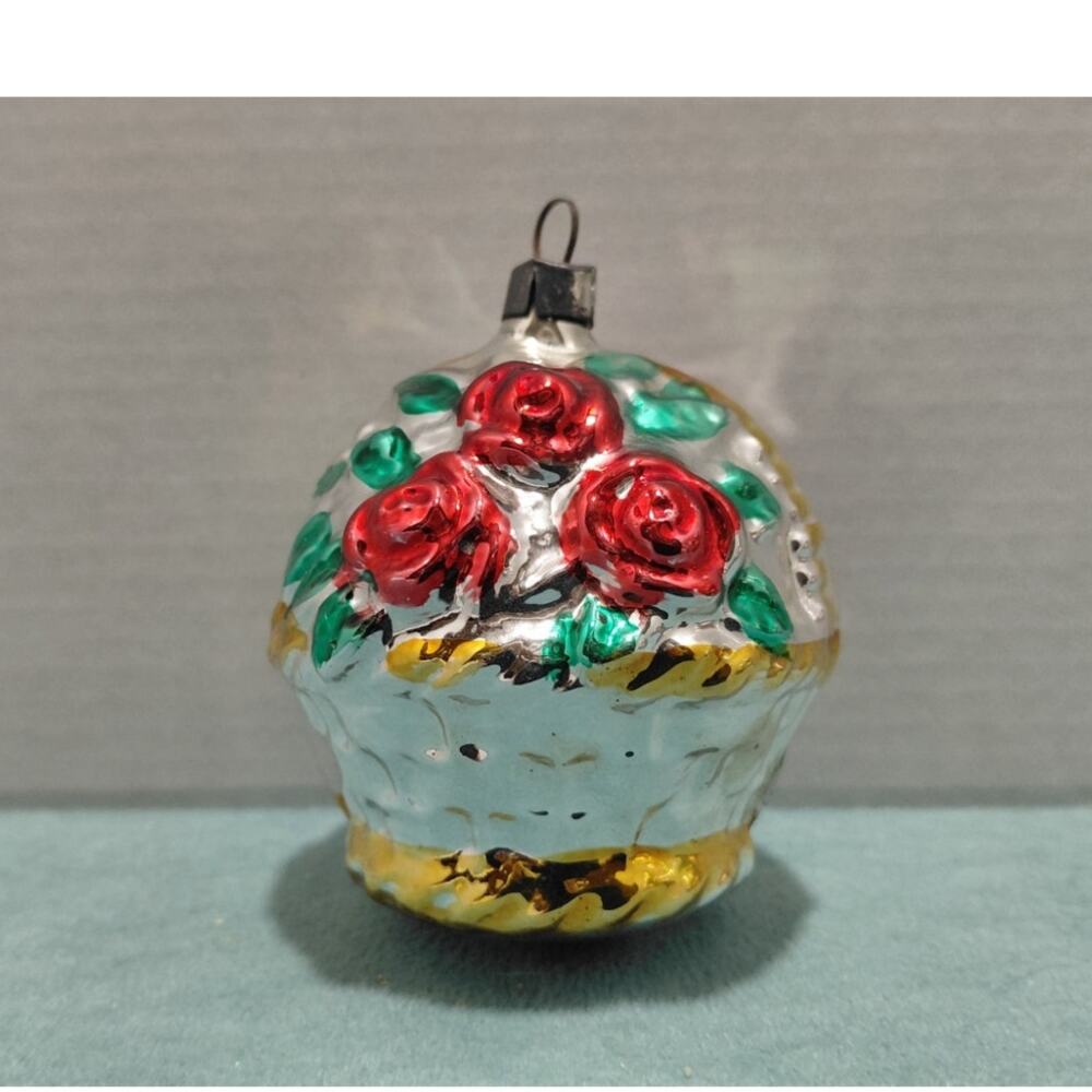 Vintage Mercury Glass Christmas Ornament Basket of Roses West Germany